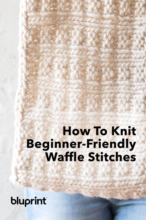 Knitting Waffle Stitch, Knit Waffle Stitch, Miniature Breakfast, Easy Scarf Knitting Patterns, Blanket Squares, Easy Blanket, Knitted Blanket Squares, Beginner Knitting, Knitting Stitches Tutorial