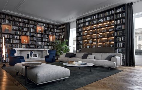 Poliform | Varenna collections presented at IMM Modern Home Library, Library Office, Interior Design Per La Casa, Room Library, Home Library Design, Bookcase Wall, Design Library, 아파트 인테리어, Home Libraries