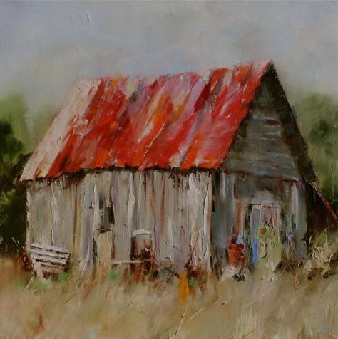 Remembering - Susie Pryor Makeup Zombie, Watercolor Barns, Farm Paintings, Building Painting, Barn Painting, Barn Art, Hay Bales, Red Roof, Tin Roof