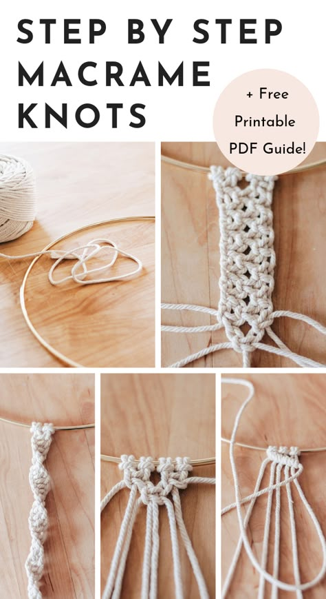 Finally Learn Macrame!  With this step by step guide to Basic Macrame Knots - you'll be on your way in no time.  Includes a free printable pdf for future reference.   Save this pin and click through to pick up your hobby! #DIY #diyhomedecor #macrame #macrameknots #crafts #tutorial Macrame Rope Size, Diy Macrame Knots Tutorials, Macrame Jewelry Holder Diy, Macrame Patterns Beginner Step By Step Free, Macromay Patterns, Learn To Macrame, Macrame Leash Diy, Diy Macrame Knots, Macrame Square Knots Step By Step