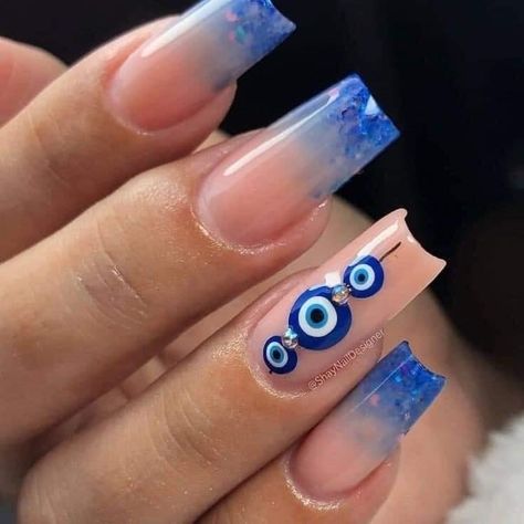 Nails Evil Eye French Tip, Evil Eye Nails Design Art Ideas, Spiritual Nails Designs, Evil Eye Nail Art, Deluxe Nails, Feet Nail Design, Evil Eye Nails, Boho Nails, Hard Gel Nails