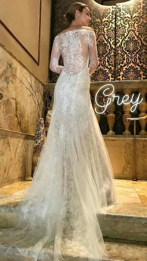 It’s available for purchase, but no one will ever wear it like Anastasia Grey Anastasia Grey Wedding Dress, Shades Of Grey Wedding, Halloween Weddings, Inspired Wedding Dress, Anastasia Grey, Wedding Frocks, Grey Wedding Dress, Grey Gown, Timeless Outfits