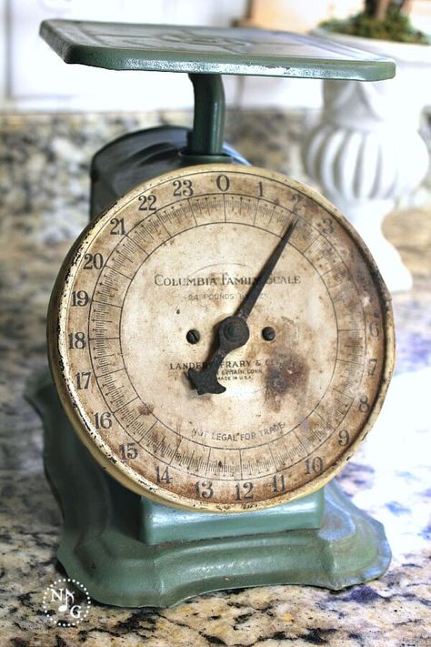 Decorating with Heirlooms: Vintage Scale | Noting Grace How To Decorate With Old Kitchen Scales, Decorating With Vintage Scales, Antique Scales Decor, Old Scales Decorating With, Scale Decorate Ideas, Vintage Scales Decor Display, Vintage Scale Decor, Things To Collect, Old Scales