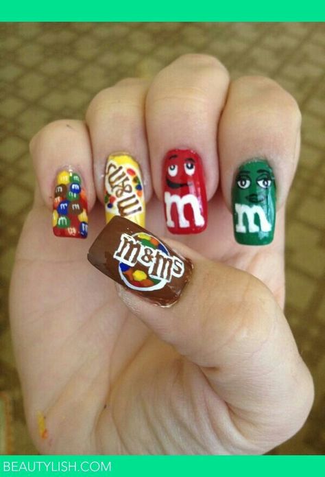 M&M Nails M Nails, Food Nail Art, Disney Acrylic Nails, Food Nails, Crazy Nail Art, Finger Nail Art, Cute Nail Art Designs, Glow Nails, Crazy Nails