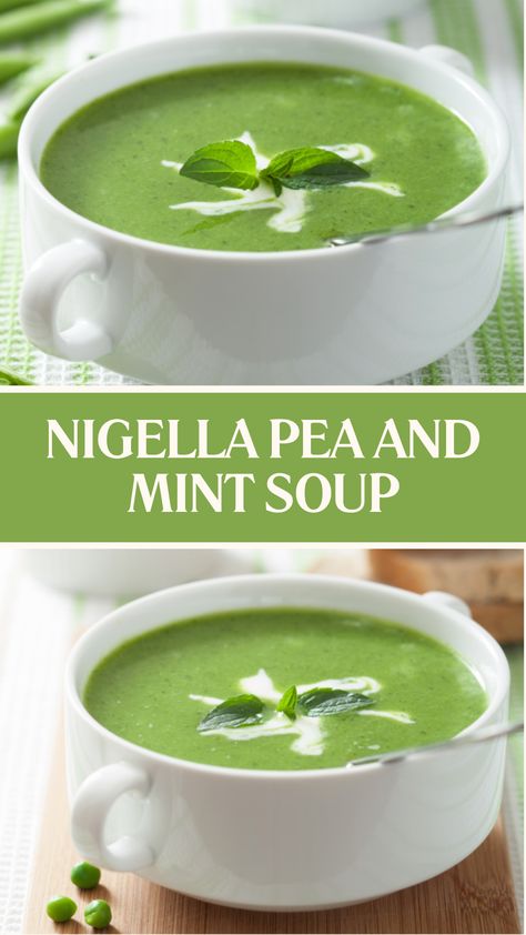 Nigella Pea And Mint Soup Pea Soup With Mint, Pea Mint Soup, Butter Peas, Parsley Soup, Mint Salt, Mint Soup, Pea And Mint Soup, Onion Butter, Nigella Lawson Recipes