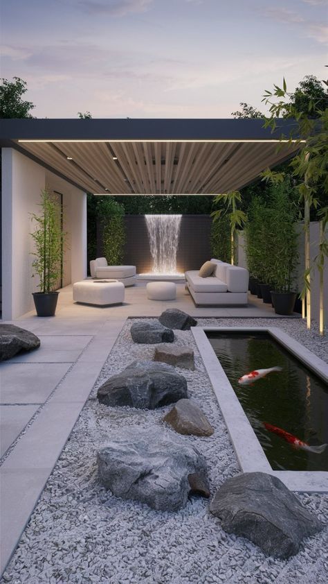 Tranquil Patio Ideas, Contemporary Garden Design Landscaping, Zen Landscape Design, Zen Patio Ideas, Zen Backyard Ideas, Modern Zen Garden, Zen Backyard, Contemporary Water Feature, Zen Landscape