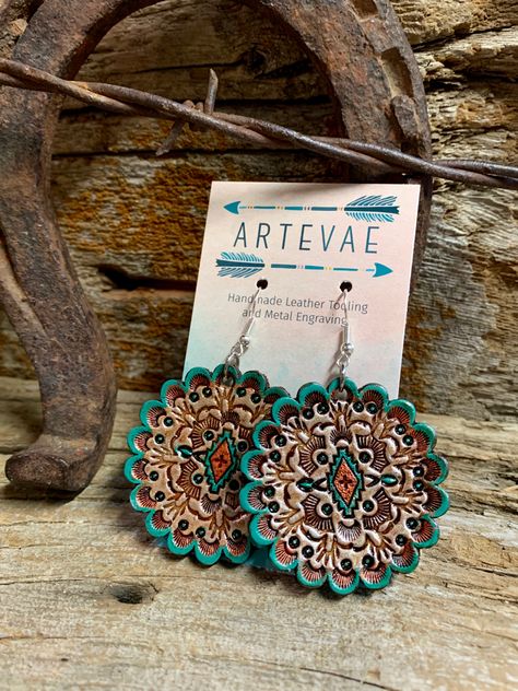 Concho Earrings, Leather Concho Earrings, Leather Concho Jewelry, Leather And Concho Earrings, Hand Tooled Leather Earrings As Gift, Hand Tooled Leather Earrings For Gift, Western Hand-tooled Leather Jewelry, Waist Bag Leather, Paisley Earrings