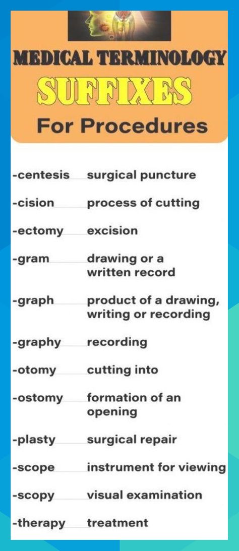 Medical terminology can be a lot to learn. However, building a substantial medical vocabulary will help with your studies of disease processes and also help with learning basic skills. Suffixes are placed at the end of a word root or word part to modify or vary the meaning. Suffixes can indicate a condition, disease or a procedure. Follow our medical terminology series at  #studentnurse #nursingschool #nursingstudent #nurse #medicalterminology #nursecepts #keanu61667 Medical Terminology Cheat Sheet, Medical Vocabulary, Medical Terminology Study, Medical Assistant Student, Health Information Management, Medical Coder, Medical Student Study, Medical Billing And Coding, Billing And Coding