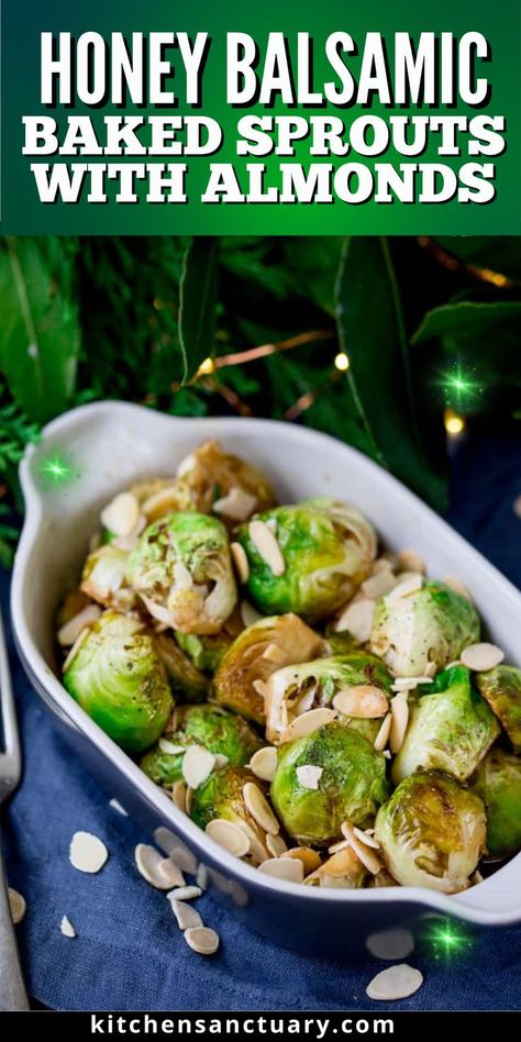 These Honey Balsamic Baked Sprouts with Almonds are a perfect balance of sweet and tangy flavors. Roasted to golden perfection, the Brussels sprouts are coated in a rich honey-balsamic glaze and topped with crunchy almonds. This easy side dish elevates any meal with minimal effort, making it a must-try for lovers of simple, flavorful recipes. Roasted Brussel Sprouts With Honey, Christmas Side Dish, Honey Balsamic Glaze, Kitchen Sanctuary, Christmas Side, Christmas Side Dishes, Honey Balsamic, Roasted Brussels Sprouts, Honey Almonds