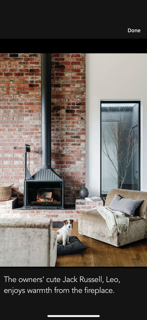 Wood Stove Wall, Wood Burning Stoves Living Room, Standing Fireplace, Recycled Brick, Wood Heater, Freestanding Fireplace, Brick And Wood, Log Burner, Wood Fireplace