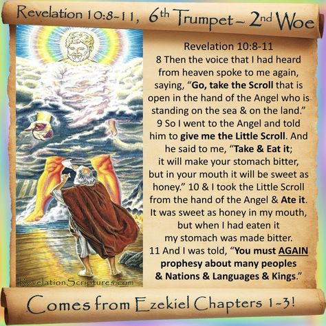 Revelation 10 - Eat Little Scroll - 6th Trumpet and 2nd Woe - Book of Revelation 7 Trumpets Of Revelation, 7 Trumpets, Revelation 10, Revelation Bible Study, Bible Timeline, Revelation Bible, Scripture Writing Plans, Scripture Writing, Pictures Of Christ