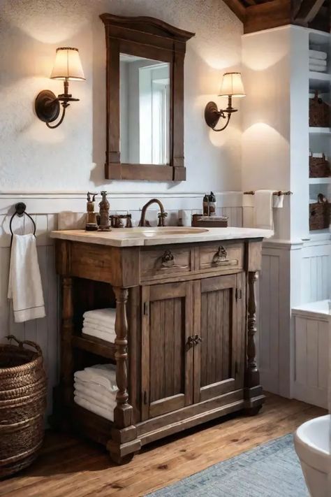 Antique Bathroom Vanity Ideas, Country Bathroom Ideas Rustic, Antique Bathroom Ideas, Reclaimed Bathroom, Concrete Vanity Top, Vintage Bathroom Vanity, Bathroom Lighting Ideas, Bathroom Vanity Ideas, Antique Bathroom Vanity