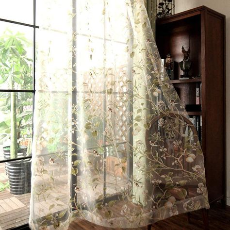 Curtains For French Doors, Retro Style Bedroom, Bird Curtains, French Door Curtains, Drapes For Living Room, Window Sheers, Tulle Curtains, Voile Curtains, Vintage Curtains