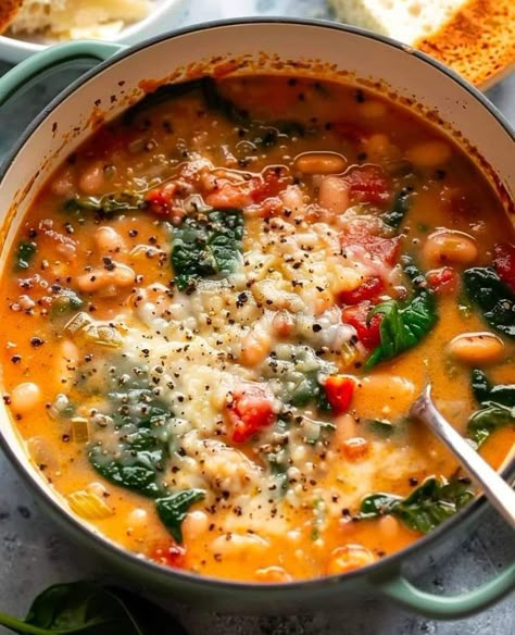 Stanley Tucci Recipes 🍝🍛🌭🍕 | Dive into the richness of our Creamy Parmesan Tuscano Soup tonight | Facebook Creamy Quinoa Soup, Parmesan Tuscan Soup, Hearty Soups And Stews Fall, Tuscan Tomato Soup, Creamy Parmesan Tuscan Soup, Creamy Soups For Fall, Creamy Fall Soup Recipes, Rosa Marina Soup, Ina Garten Tomato Soup