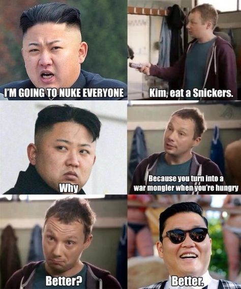 If only a Snickers would help him feel better. The Fake Kim Jong-Un Snickers Ad Is Brilliant Kim Jong Un Memes, Snickers Ad, Oppa Gangnam Style, Funny Captions, Humor Memes, North Korea, Teenager Posts, Funny Pics, I Smile