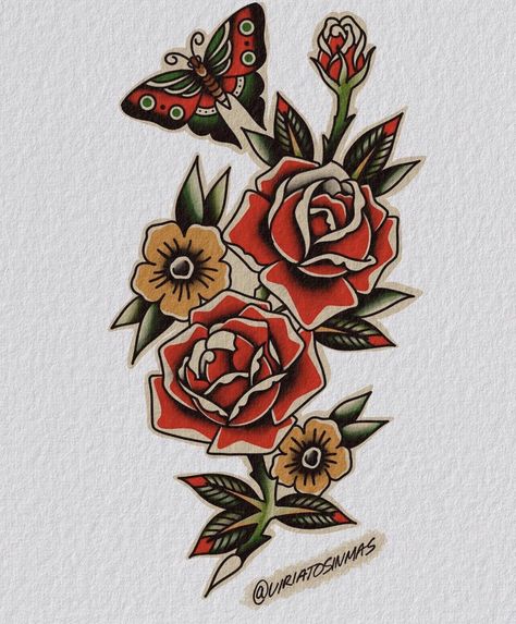 Girly Traditional Tattoo, Traditional Tattoo Painting, American Traditional Rose, Americana Tattoo, Traditional Tattoo Old School, Traditional Tattoo Inspiration, Traditional Tattoo Flowers, Traditional Style Tattoo, Tattoo Old School