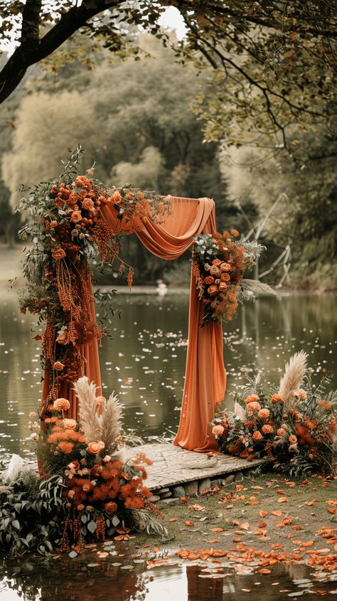 40+ Fall Wedding Ideas That Will Inspire You (Cake, Aisle, Table, Ceremony Decor, And More!) Outside Wedding Fall, Wedding Decorations Fall October, October Wedding Outside, Wedding Inspiration Autumn, Rustic October Wedding Decor, Outside October Wedding, Wedding Decor Fall Rustic, Rustic Orange And Brown Wedding, Wedding Ideas Fall Rustic