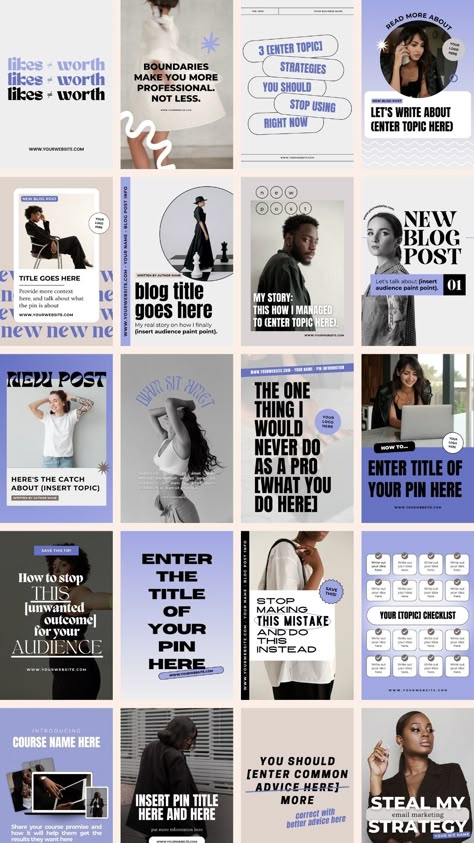 With over 40+ designs in this Canva template pack, you can get started on your Pinterest content creation journey as a small business owner. These Canva templates are strategically designed to help you create Pins to promote your products, your blog, your podcast, connect with your audience, and more!! Instagram Layout Business, Conference Social Media Design, Podcast Instagram Feed, Social Post Design, Canva Design Ideas, Pinterest Pin Design, Blog Post Design, Podcast Marketing, Pin Templates