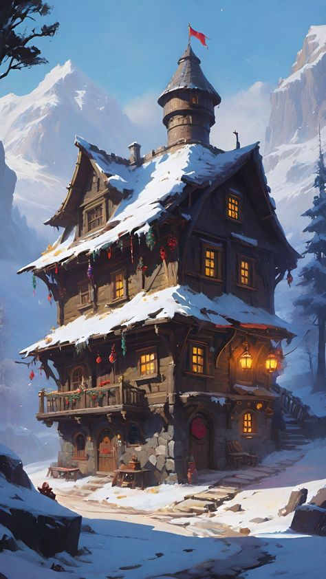 Tavern Exterior, Fantasy Inn, Fantasy Tavern, Tiny Glade, Medieval Houses, Card Book, Mountain Homes, High Fantasy, Story Ideas