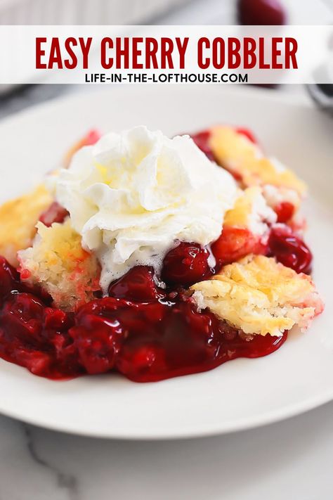 Cherry Cobbler has a biscuit and cake-like crust over a bed of warm cherry pie filling. Serve it with fresh whipped cream for an incredible dessert after dinner. Easy Cherry Cobbler, Life In The Lofthouse, Cherry Cobbler Recipe, 3 Ingredient Cakes, Canned Pumpkin Recipes, Canning Cherry Pie Filling, Canned Cherries, Cherry Cobbler, Cherry Pie Filling