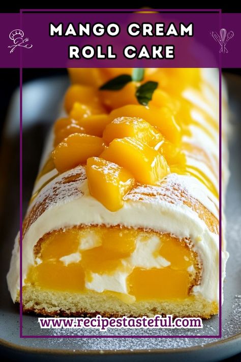 A light and fluffy sponge cake filled with rich whipped cream and fresh mango, perfect for a delightful dessert. Cream Roll Cake, Fluffy Sponge Cake, Roll Cake Recipe, Sponge Cake Filling, Cream Roll, Mango Sauce, Mango Cream, Mango Recipes, Caking It Up