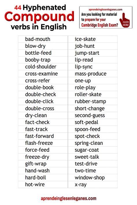 Hyphenated Compound verbs Verbs In English, English Exam, Confusing Words, Cambridge English, Essay Writing Skills, English Vocab, English Verbs, Compound Words, Bible Study Lessons