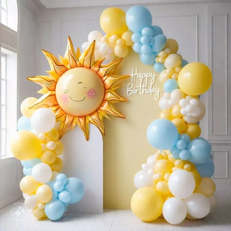 First Trip Around The Sun Balloon Arch, Around The Sun Birthday Party, Birthday Decorations Simple, Sun Birthday Decorations, Sunshine Birthday Theme, Sunshine First Birthday, Decoration Buffet, Birthday Theme Decoration, Sunshine Birthday Parties