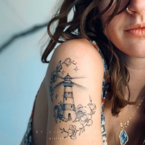 Lighthouse Tattoo For Women Half Sleeves, Lighthouse Sleeve Tattoo Women, Lighthouse Tattoos For Women, Lighthouse Sleeve Tattoo, Lighthouse Memorial Tattoo, Lighthouse Tattoos, Feminine Lighthouse Tattoo, Womens Lighthouse Tattoo, Lighthouse And Beach Tattoo