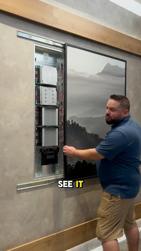 Hiding tech gear in a home—that doesn’t have a dedicated AV closet—can be tricky. When you need to have access to, say, the motorized shade power supplies, things like this are a genius solution. #smarthome #tech #hometech #technews #cedia #cediaexpo #homeconstruction #lightingdesign #hiddentech #homeautomation #motorizedshades #ideas #solutions Interior Smart Ideas, House Technology Ideas, Smart Technology Home, Smart Home Ideas Technology Design, Smart Home Office Ideas, Smart Home Solutions, Kitchen Iceland, Smart House Ideas Technology, Hi Tech Interior