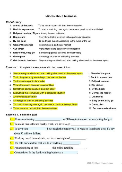 Idioms about business - English ESL Worksheets for distance learning and physical classrooms English Writing Skills Worksheets, Business Idioms, English Vocabulary Exercises, Communicative Language Teaching, Business Vocabulary, Speaking Activities Esl, Business Worksheet, English Lesson Plans, Substitute Teaching