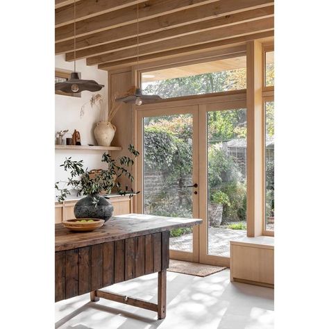 Laura Logan, Modern Rustic Kitchen, Exposed Ceiling, Framed Windows, Cottage Extension, Flat Roof Extension, Architecture Design Process, Exposed Rafters, Country House Interior