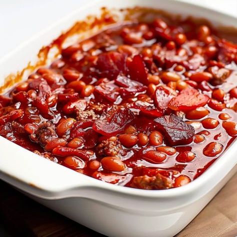 Baked Beans with Ground Beef Recipe - Simply Called Food Bake Beans With Ground Beef, Beans And Ground Beef, Baked Beans With Ground Beef, Beans With Ground Beef, Bake Beans, Pork And Beans, Bbq Baked Beans, Sweet Bbq Sauce, Ground Beef Recipe