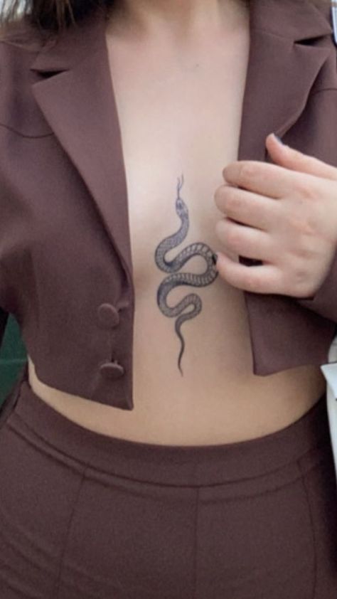 My tattoo 🤎 Snake And Key Tattoo, Snake Chest Tattoos For Women, Snake Tattoo Chest Women, Sternum Snake Tattoo Women, Snake Tattoos For Women Chest, Snake Sternum Tattoo Women, Snake Chest Tattoo Female, Snake Between Breast Tattoo, Snake Tattoo Between Breast