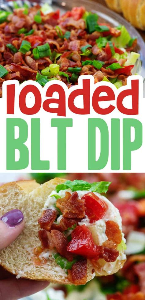 Creamy ranch, lettuce, tomatoes, and crispy bacon make this BLT dip a huge hit! #recipe #snack Blt Dip Recipe, Bagel Crisps, Blt Dip, Best Dip Recipes, Bacon Fries, Creamy Ranch, Blt Sandwich, Tomato Dip, Sweet Dips