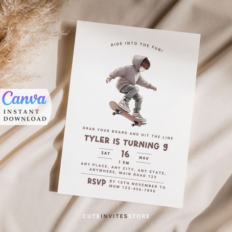 Boy Skateboard Party Printable Invitation Template Skateboarding Theme Skate Park Party Instant Download by CuteInvitesStore on Etsy Skateboard Party, Park Party, Diy Birthday Invitations, Birthday Invitations Diy, Printable Invitation Templates, Invitations Diy, Party Printable, Invite Friends, Skate Park