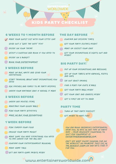 Birthday Party Checklist Kids, Kids Party Checklist, Bday Party Checklist, First Birthday Party Checklist, Kids Birthday Party Checklist, Party Essentials List, Birthday Party Checklist, Kids Party Planning, Kids Checklist