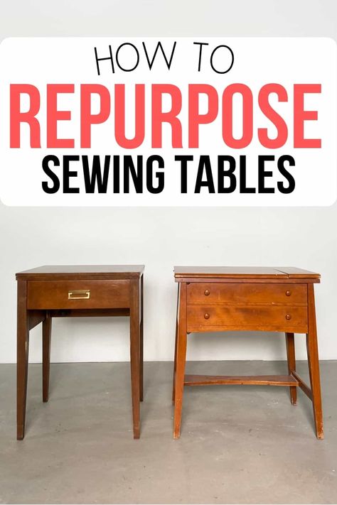 Check out this before and after furniture makeover on how to repurpose sewing machine tables - turned into a pair of matching nightstands! Learn how to paint furniture with chalk paint and get more furniture makeover ideas for your DIY furniture thrift finds. Repurpose Sewing Machine, Sewing Cabinet Redo, Before And After Furniture Makeover, Sewing Cabinet Makeover, Old Sewing Cabinet, Before And After Furniture, Old Sewing Machine Table, Sage Green Furniture, Old Sewing Tables