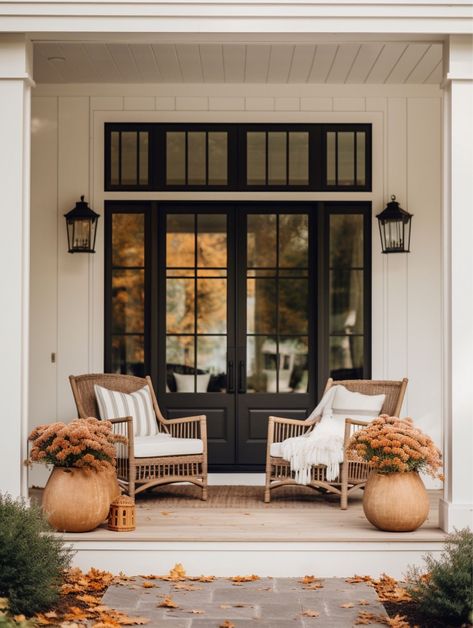 Nancy Meyers Front Porch, Pottery Barn Front Porch, Dream Front Porch, Long Porch Decor, Chair By Front Door, Mediterranean Front Porch Ideas, Front Porch Layout, Outdoor Front Porch Ideas, Front Porch Aesthetic