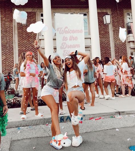 SUMMER NESTO on Instagram: “DZ IS THE ONE FOR MEEEE!!!! ⚡️💕✨🍭🌸💫☁️” Slumber Party Bid Day Theme, Pajama Bid Day Theme, Sorority Branding, Slumber Party Aesthetic, Pajama Brunch, Sorority Aesthetic, Sorority Recruitment Themes, Sorority Poses, Recruitment Themes