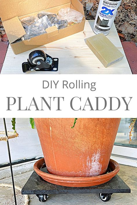 How to make a DIY rolling plant caddy with a piece of scrap wood and 4 locking caster wheels. Such an easy project to create to move around heavier potted plants. Rolling Plant Stand, Caddy Diy, Diy Moving, Plant Caddy, Moving Plants, Plant Stand With Wheels, Plant Pot Diy, Plant Stands Outdoor, Large Flower Pots