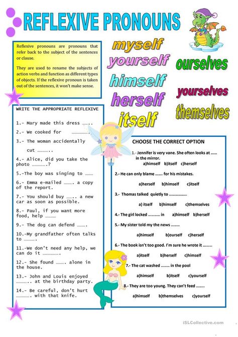 Reflexive Pronouns Worksheet, Pronouns Exercises, Reflexive Pronouns, Pronouns Worksheet, English Pronouns, Personal Pronouns, English Grammar Worksheets, Action Verbs, Grammar Rules