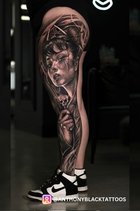 This stunning dark realism portrait tattoo is designed for the outer leg showcasing intricate details, lifelike shading, and dramatic expression. Perfect as a leg tattoo idea, it blends fine artistry with bold placement. Whether you’re a fan of portrait tattoos or looking for dark realism tattoo designs, this piece is sure to inspire. #PortraitTattoo #Legtattoo #Tattooideas #DarkRealismTattoo Leg Portrait Tattoo, Dark Realism Tattoo, Realism Portrait Tattoo, Leg Tattoo Idea, Realism Tattoo Ideas, Dramatic Expression, Dark Realism, Realism Portrait, Portrait Tattoos