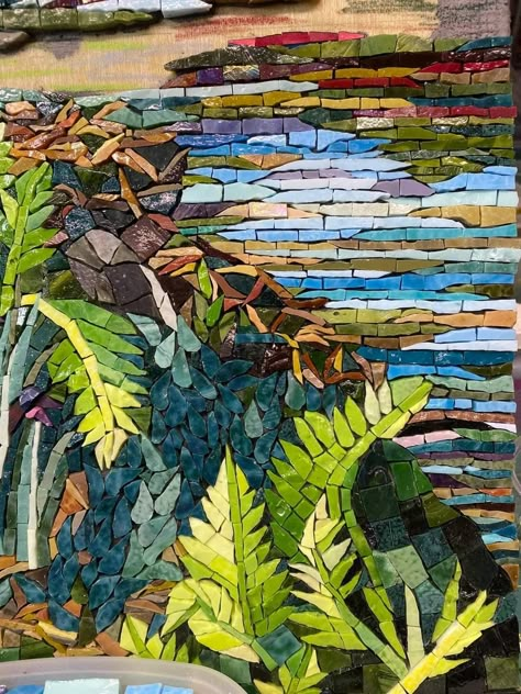 River Mosaic, Forest Mosaic, Mosaic Landscapes, Mosaic Fireplace, Mosaic Trees, Mosaic Landscape, Mosaic Art Ideas, Bathroom Mosaic, Landscape Mosaic