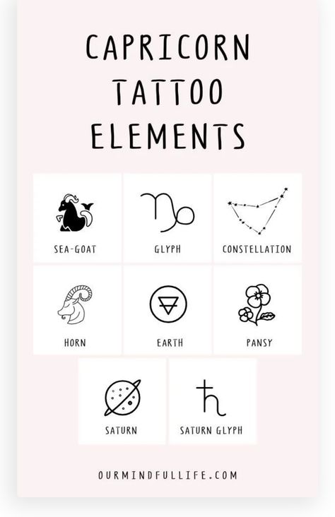 Sagittarius Element Tattoo, Capricorn Small Tattoo Ideas, Capricorn Simple Tattoo, Small Tattoos Capricorn, Capricorn Tattoo Elements, Seagoat Tattoo Capricorn, Small Astrology Tattoos, Capricorn Tattoo Designs, Capricorn Sign Tattoo