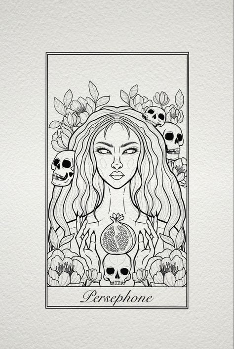 Persephone Greek god goddess tattoo tarot card woman design Persephone And Hades Drawing, Persephone Tarot Card Tattoo, Persephone And Medusa Tattoo, Persephone Coloring Page, Persephone Portrait, Perspherone Goddess Tattoo, Pershepone Goddess Tattoo, Persephone Tarot Card, Hades And Persephone Drawing