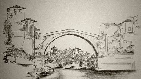 Safet Zec, Bridge Sketch, Mostar Bridge, Bridge Tattoo, Bridge Drawing, Color Pencil Sketch, Bridge Art, Hermann Hesse, Flower Art Drawing