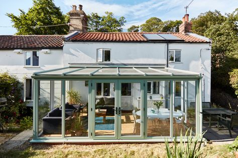 This gorgeous sage green garden room completely transformed this home's outdoor space. Lean To Conservatory Ideas, Green Garden Ideas, Lean To Conservatory, Orangery Extension, Conservatory Decor, Conservatory Ideas, Conservatory Design, Sunny Garden, Small Nurseries