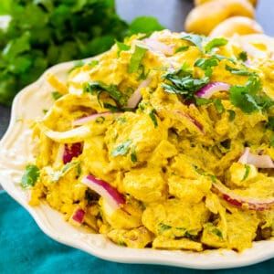 Curry Potato Salad, Curried Potato Salad, Spicy Southern Kitchen, Grilled Chicken Kabobs, Creamy Potato Salad, Southern Kitchen, Potato Salad Recipe, Chicken Kabobs, Creamy Potato