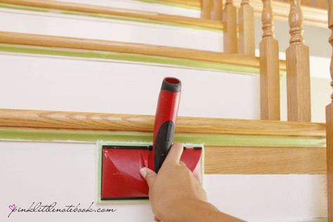 Painting a Stair Riser in 10 Seconds or Less: A Must Have Tool! - Pink Little NotebookPink Little Notebook Paint Stair Skirt, Pink Painted Stairs, Painted Step Risers, How To Paint Stair Risers, Stair Risers Painted, Painting Risers On Stairs, Painted Stair Risers Ideas, Painting Stair Risers, Paint Stair Risers