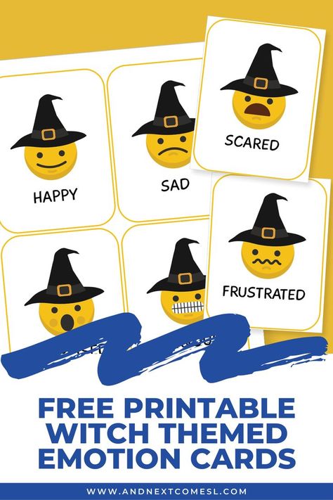 Screenshots of emotion cards with witch emojis that are perfect for a Halloween activity for kids. There is a text overlay in navy that says "Free printable witch themed emotion cards." Anger Worksheets, Emotion Cards, Teaching Emotions, Fun Halloween Activities, Emotions Cards, Emotions Activities, Cards For Kids, Halloween Activities, Study Unit